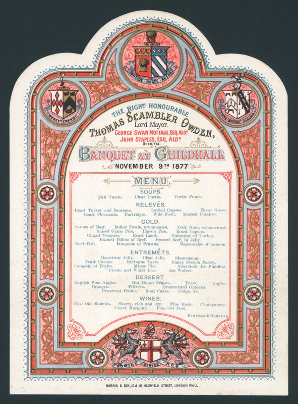 Banquet at Guildhall, 9 November 1877, menu by English School