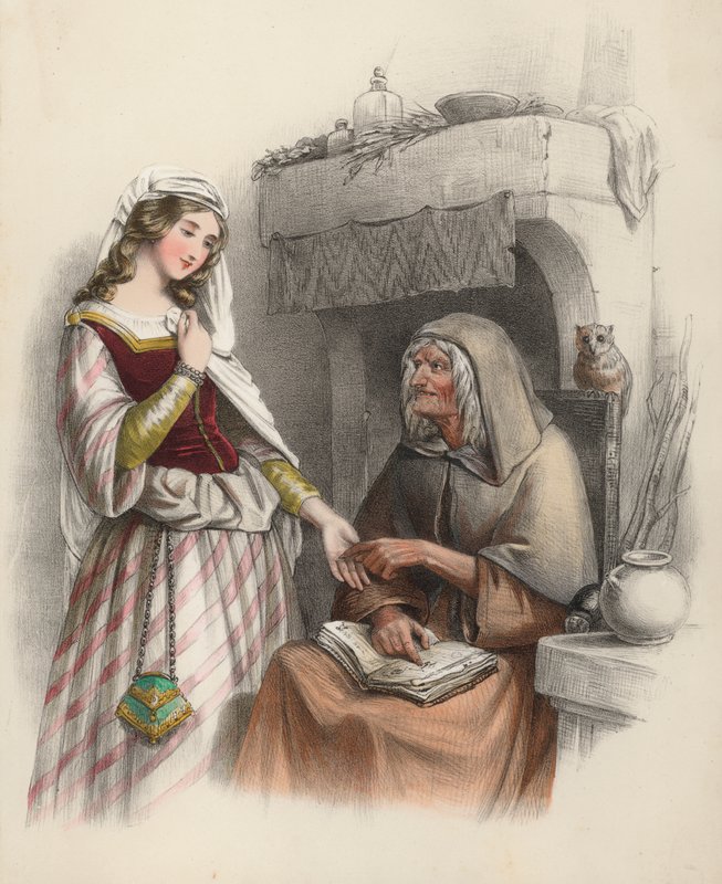Beautiful young girl visiting a witch to consult her about the future by English School