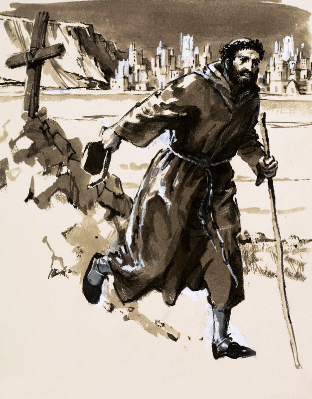 Believing he had discovered El Dorado, a Friar erected a cross to claim the shining city by English School