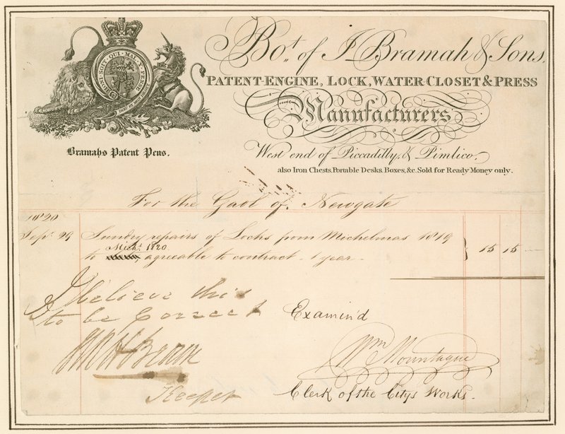 Bill for repairs to locks at Newgate prison. Signed by the Keeper by English School