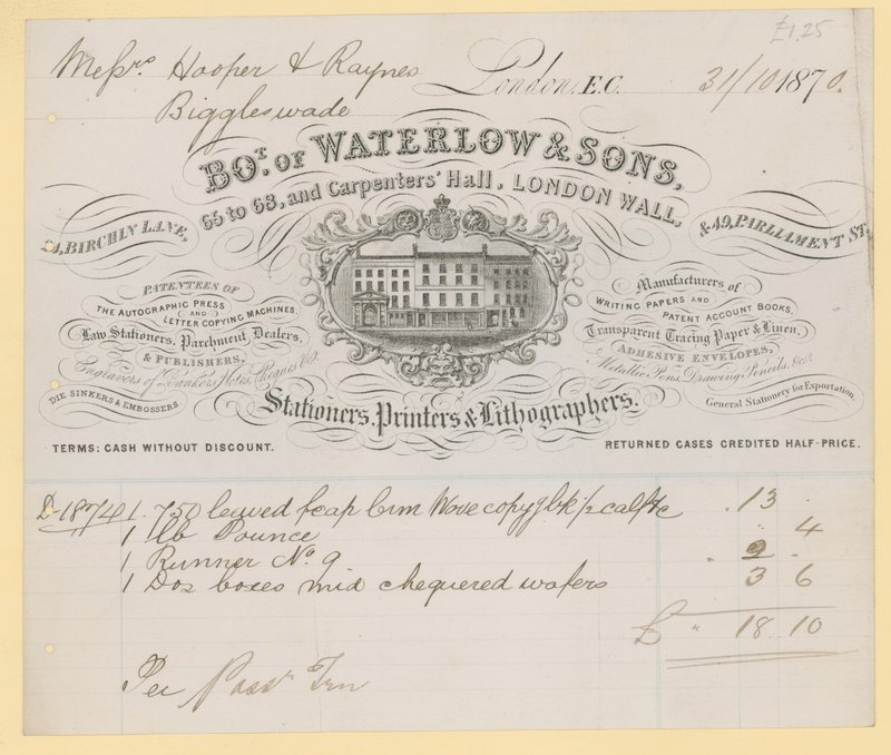 Bill from Waterlow and Sons, 66-68 Carpenters Hall, London Wall, Stationers by English School