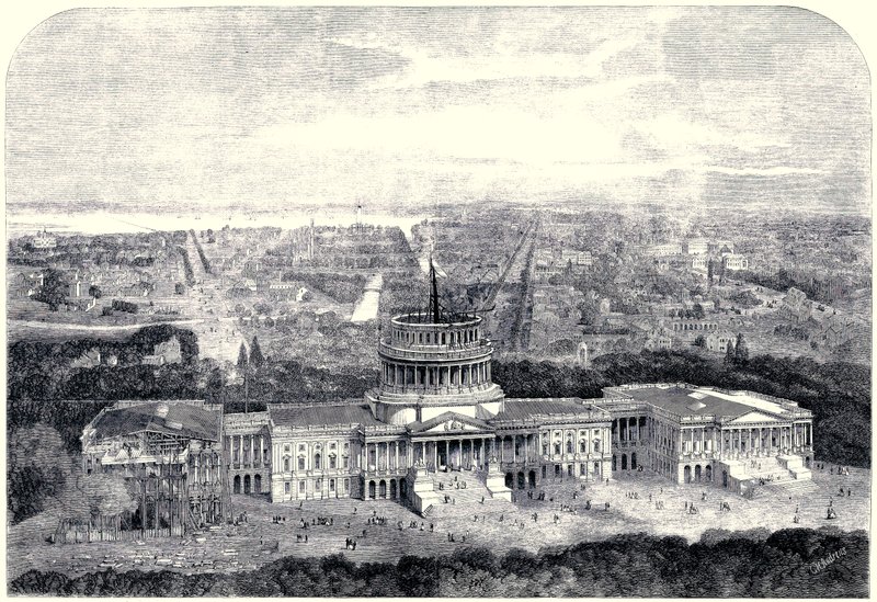 Birdseye view of the City of Washington 1861, with the Capitol under construction in the Foreground (Digitally cleaned version) by English School