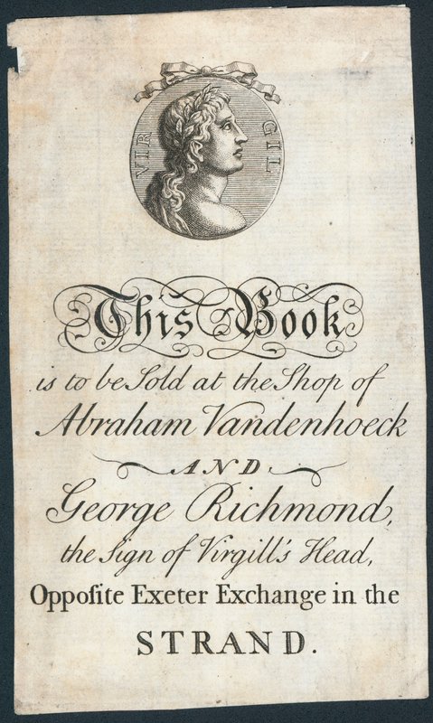 Book Plate, This Book is to be Sold at the Shop of Abraham Vandenhoeck and George Richmond by English School