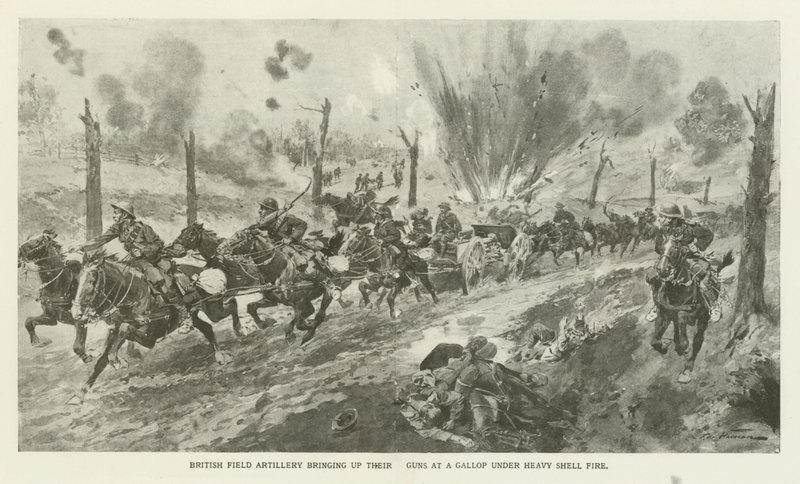 British Field Artillery Bringing up Their Guns at a Gallop under Heavy Shell Fire, World War I by English School