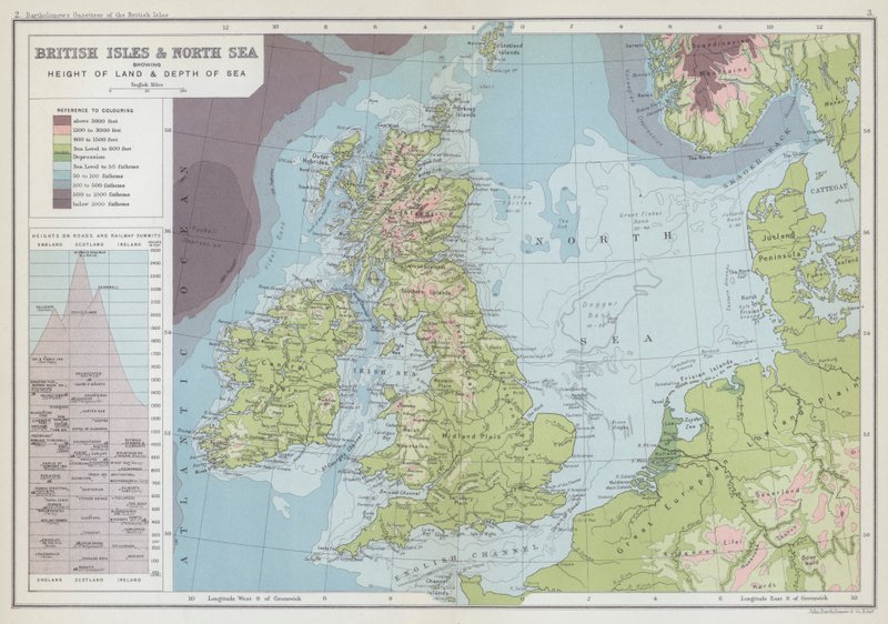British Isles and North Sea showing height of land and depth of sea by English School