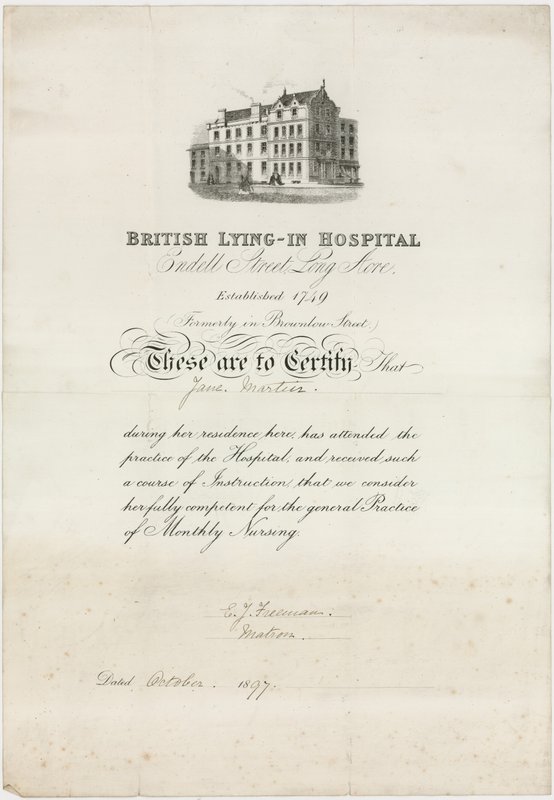 British Lying-In Hospital. Nursing Certificate by English School