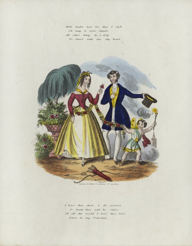 Valentine card with an image of a cherub pulling a woman along with a string of flowers by English School