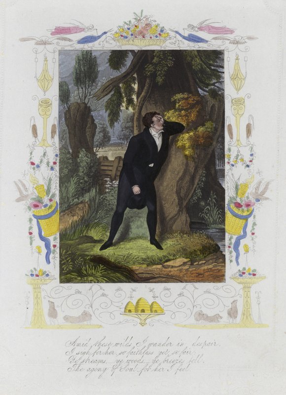 Valentine card with an image of a distressed man standing by the trunk of a tree by English School