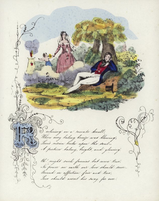 Valentine card with an image of a man and a woman in a garden with a cherub by English School