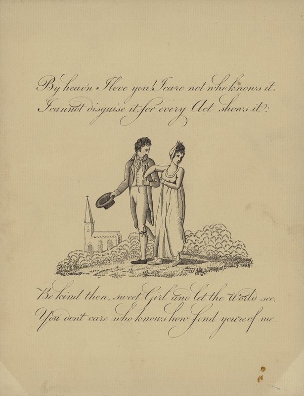 Valentine card with an image of a man and woman walking arm in arm by English School