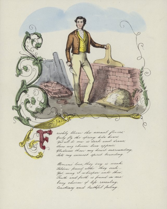 Valentine card with an image of a man building a brick wall by English School