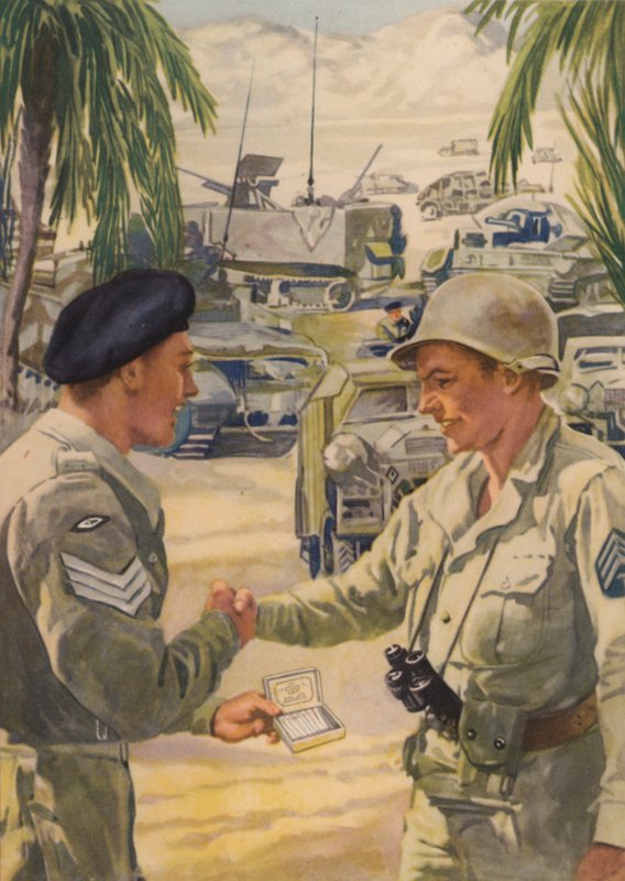 British Army Sergeant Offering His American Counterpart a Cigarette as the Allies Meet Up During the North African Campaign, World War II by English School