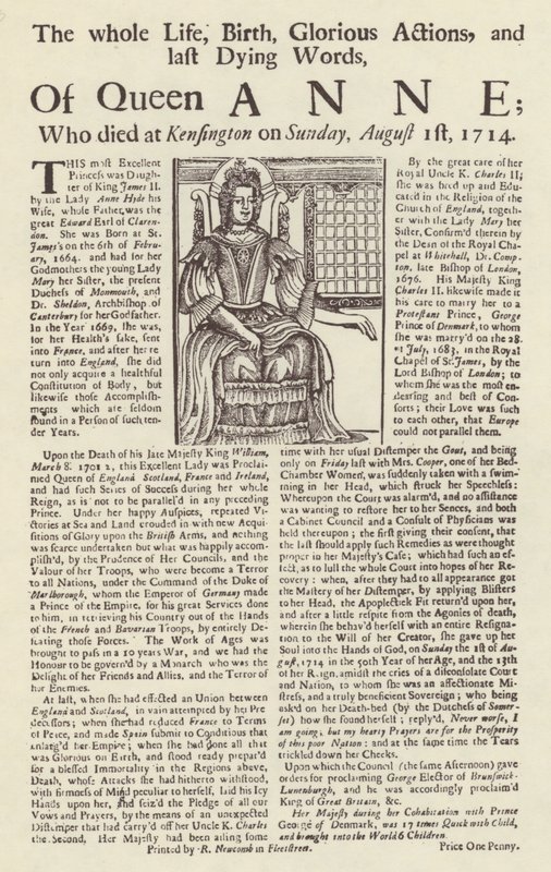 Broadside Published on the Death of Queen Anne by English School