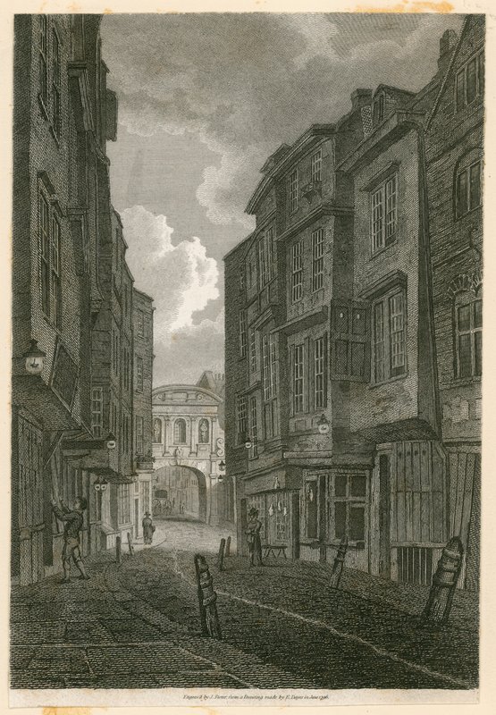 Butcher Row, looking from Temple Bar, based on a drawing by Edward Dayes, 9 June 1796 by English School