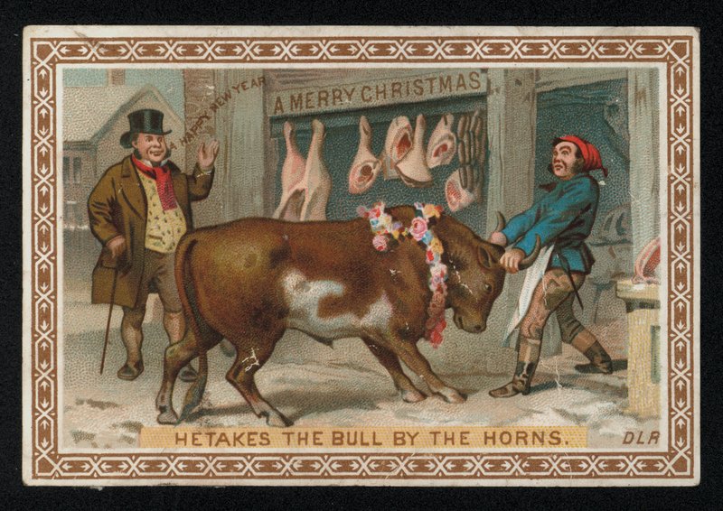 Butcher Pulling a Bull into His Shop, Christmas Greetings Card by English School
