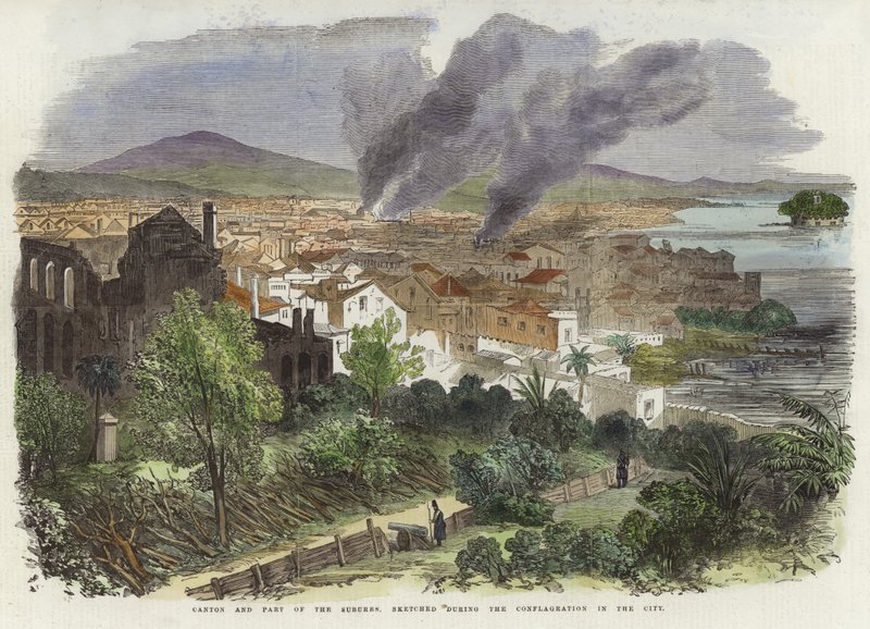 Canton and Part of the Suburbs, Sketched During the Conflagration in the City by English School