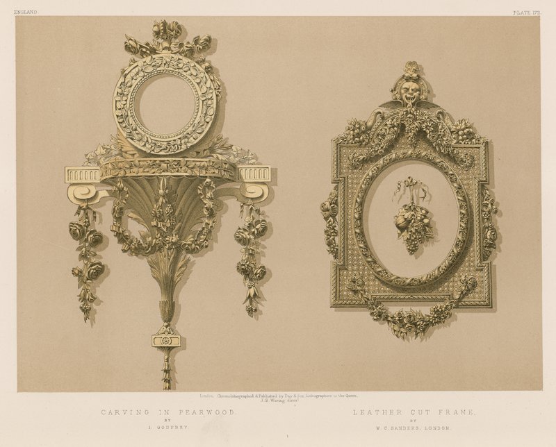 Carving in Pearwood; Leather Cut Frame by English School