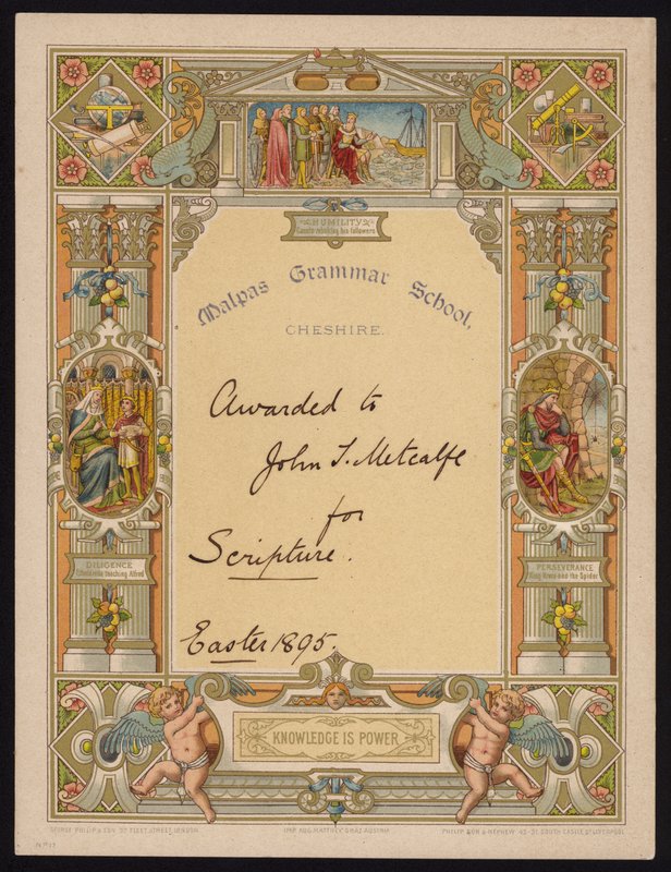 Certificate for Scripture Awarded to a Pupil of Malpas Grammar School, Cheshire by English School