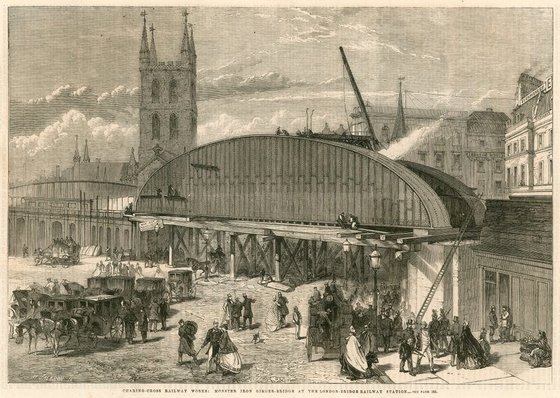 Charing Cross Railway works: monster iron girder bridge at the London Bridge Railway Station by English School