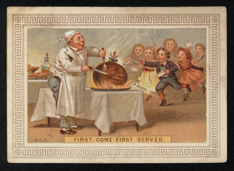 Chef carving up a plum pudding, Christmas greetings card by English School