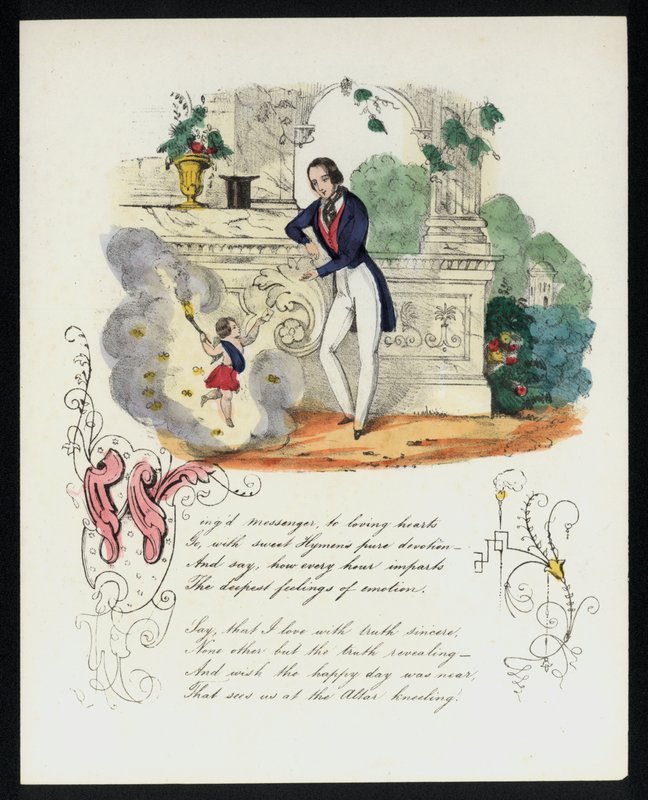 Cherub delivering a love letter to a man in a garden by English School
