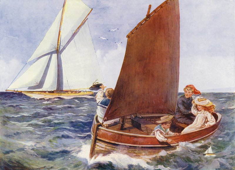 Children sailing and watching a passing yacht by English School