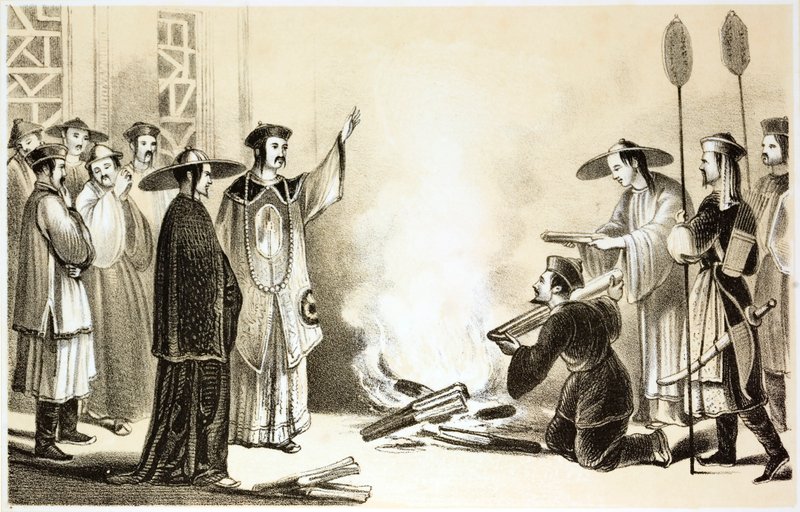 Chinese official presiding over the burning of objects, possibly books by English School