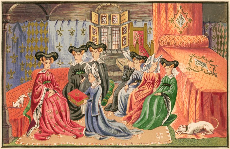 Christine de Pisan presenting her works to the Queen by English School