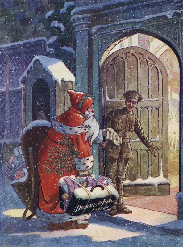 Christmas advertisement showing Santa Claus bringing gifts for WW1 soldiers from Dickins and Jones department store by English School