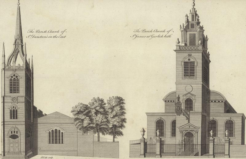 Church of St Dunstan in the East and Church of St James Garlickhythe, London by English School