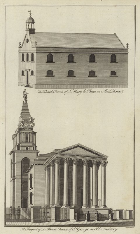 Church of St Marylebone in Middlesex and Church of St George in Bloomsbury, London by English School