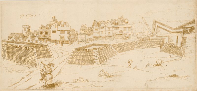 Civil War Fortifications at St Giles in the Fields, London; etched facsimile of a drawing purporting to have been made by Captain John Eyre by English School