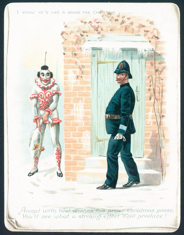 Clown waiting for Policeman with Goose by English School