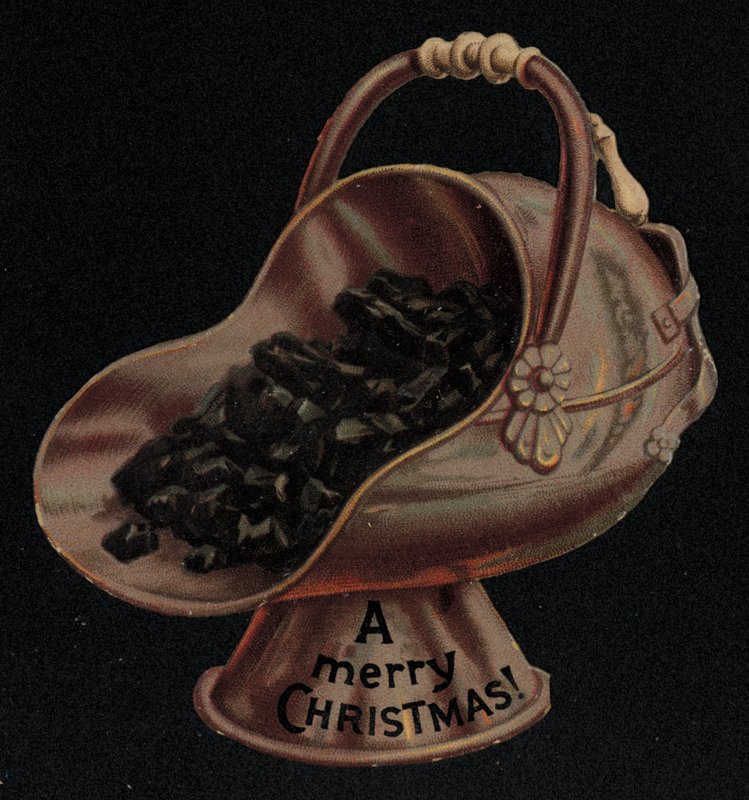 Coal scuttle, Christmas greetings card by English School