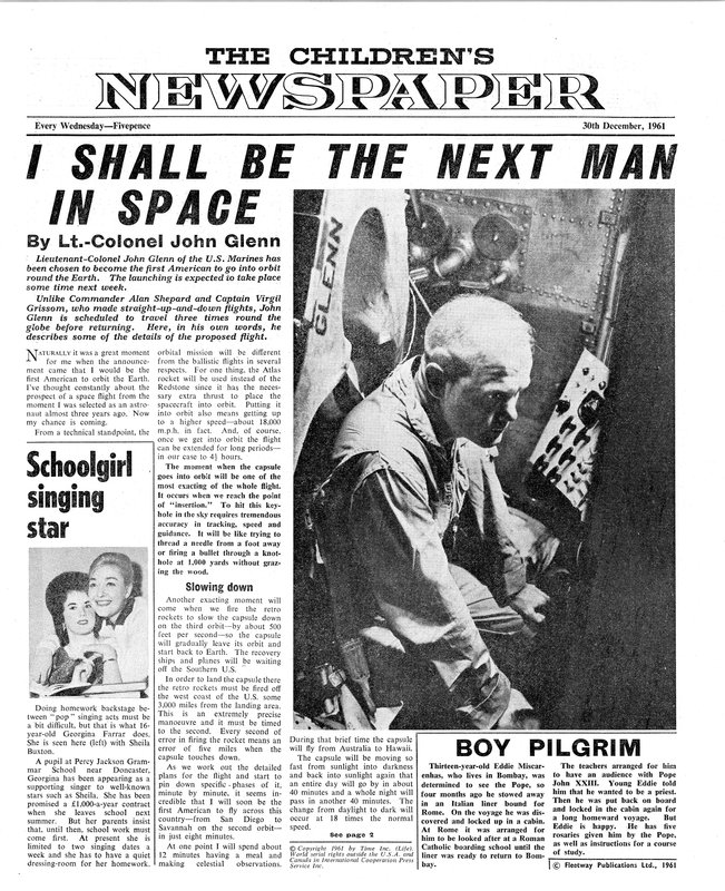 Colonel John Glenn, front page of 