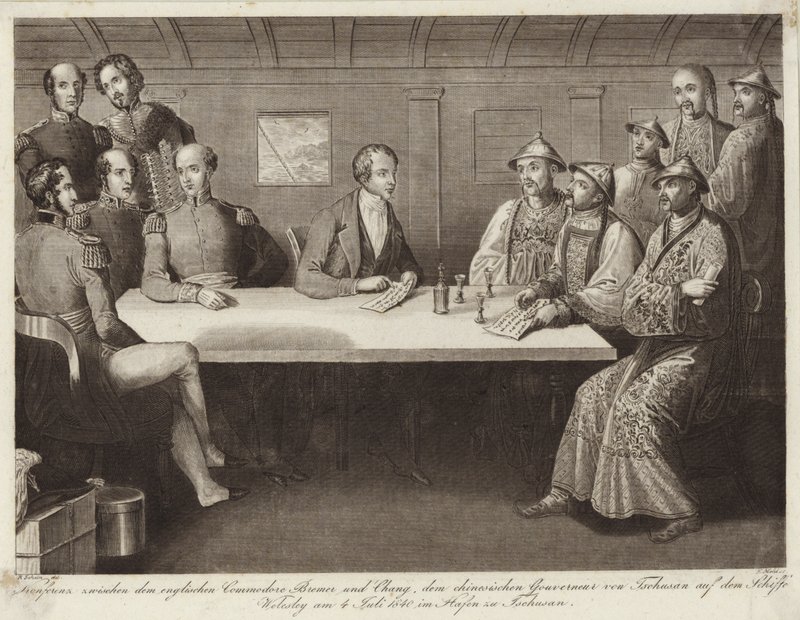 Conference at Chusan between Commodore Bremer and a Chinese official on HMS Wellesley 4 July 1841 by English School