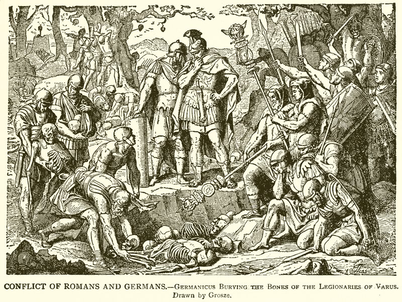 Conflict of Romans and Germans: Germanicus Burying the Bones of the Legionaries of Varus by English School