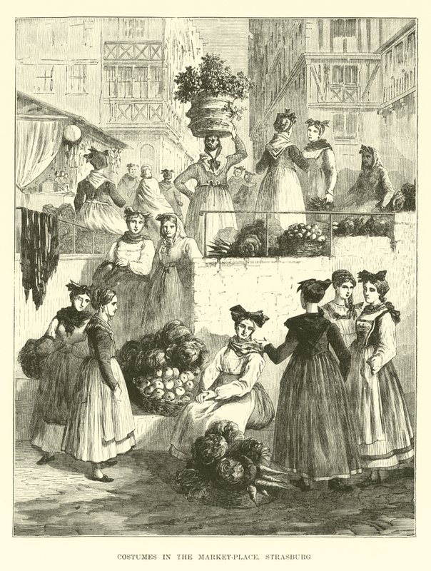 Costumes in the market-place, Strasburg by English School