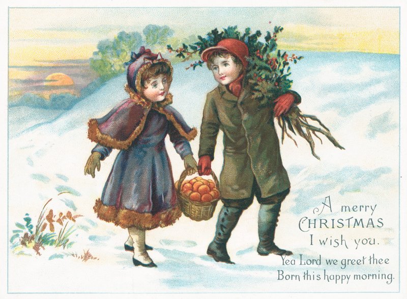 Couple carrying basket of fruit and holly by English School