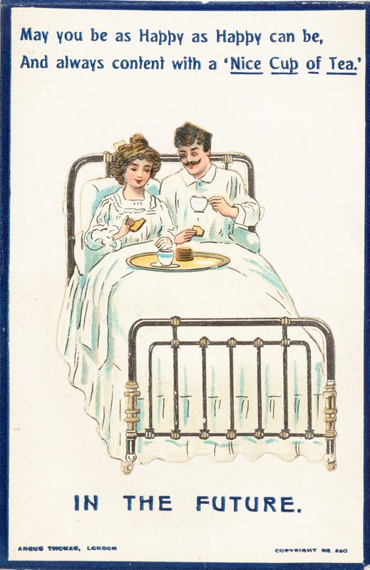 Couple drinking tea in bed by English School