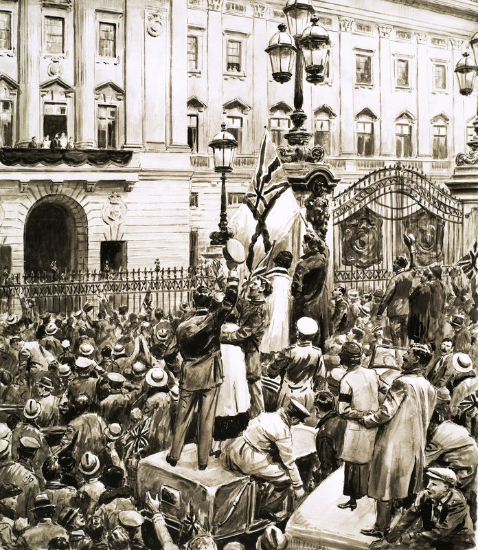 Crowds outside Buckingham Palace cheer King George V on Armistice Day by English School