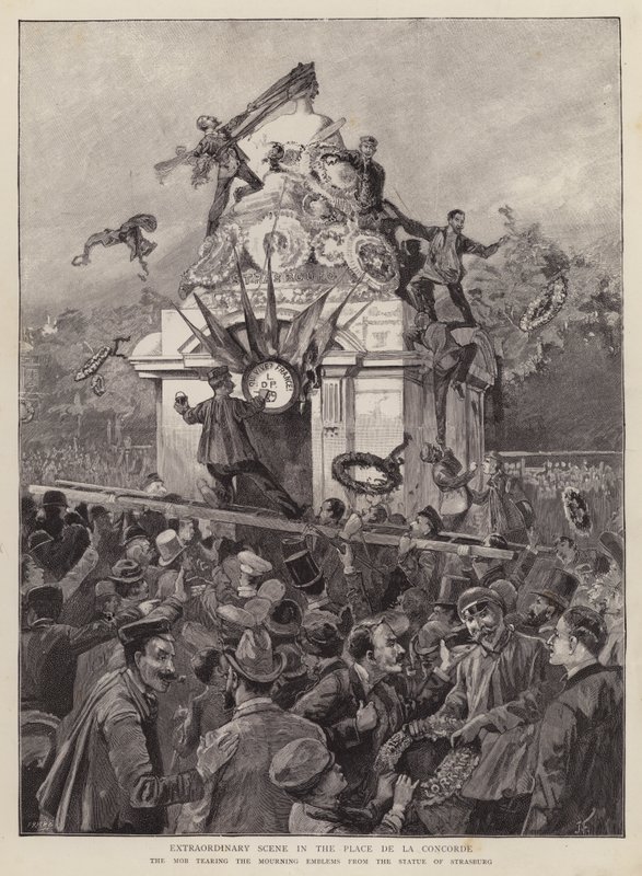 Crowds tearing down mourning emblems from the statue of Strasbourg on the Place de la Concorde, Paris by English School