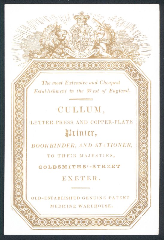 Cullum, Letter-Press and Copper-Plate Printer, Trade Card by English School
