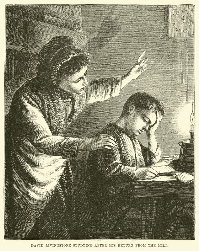 David Livingstone Studying After His Return from the Mill by English School