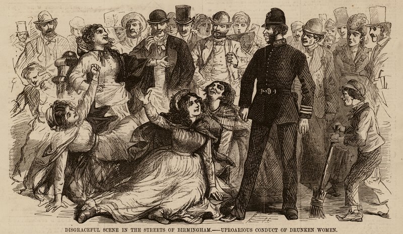 Disgraceful Scene in the Streets of Birmingham, Uproarious Conduct of Drunken Women (engraving) by English School