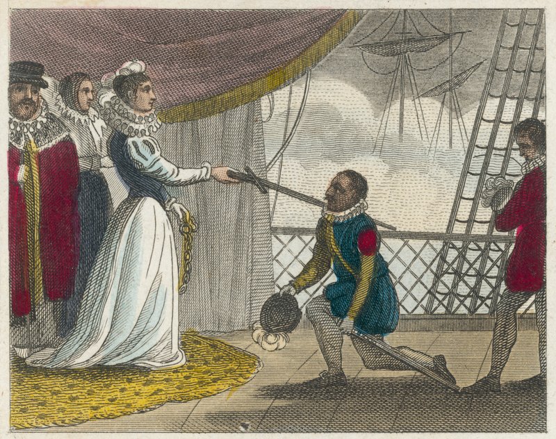 Drake Knighted on Board His Ship by English School