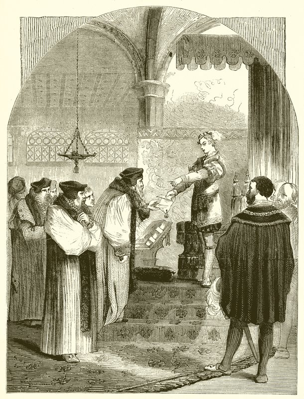 Edward VI Presenting the Warrant for the Execution of Joan Bocher to Archbishop Cranmer by English School