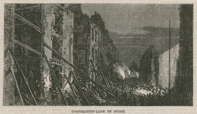 Effects of the Explosion at Clerkenwell: Corporation Lane by Night by English School