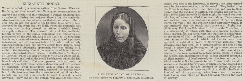Elizabeth Mouat, of Shetland, who was blown to Norway in the Smack Columbine by English School
