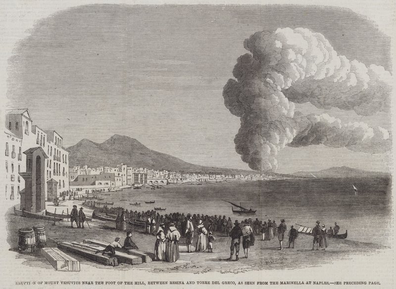 Eruption of Mount Vesuvius near the Foot of the Hill, between Resina and Torre del Greco, as seen from the Marinella at Naples by English School
